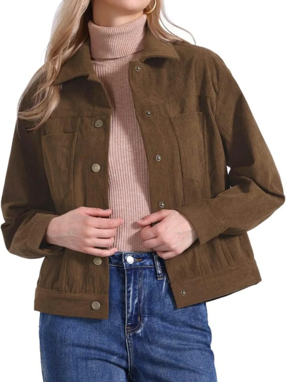 Casual Corduroy Shacket for Women - Long Sleeve Fall Jacket, Button Down